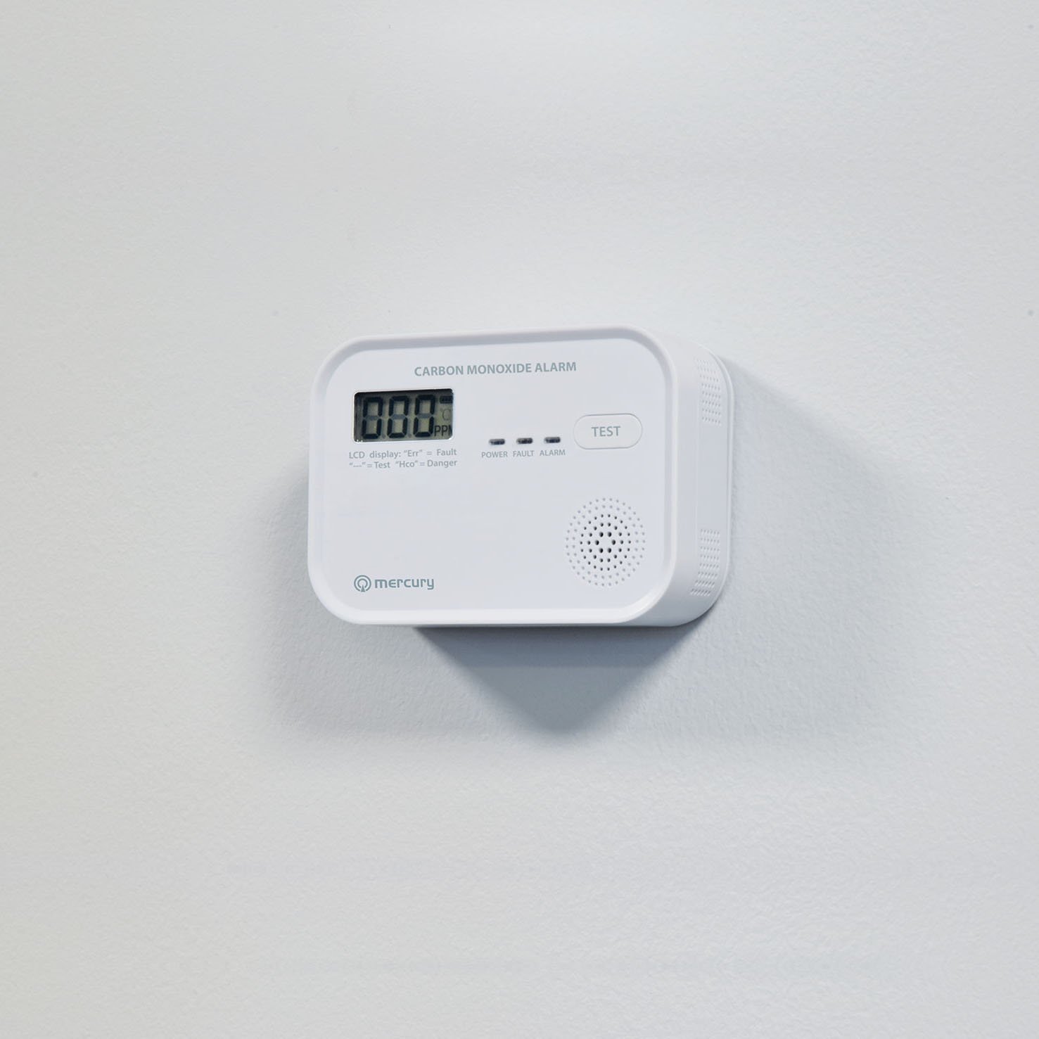 Mercury COD-218A Standalone Carbon Monoxide Alarm with LCD Display showing CO levels 350.139UK