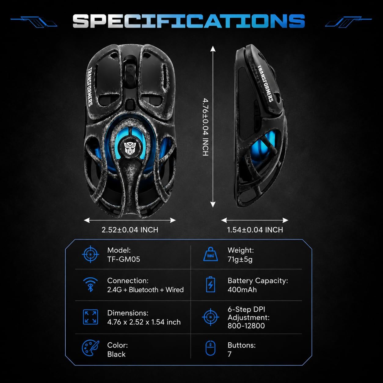 Transformers Gaming Mouse Wireless ,Tri-Mode Bluetooth/2.4G/Wired, Huano Switches,USB-C Rechargeable, TF-G05 Black