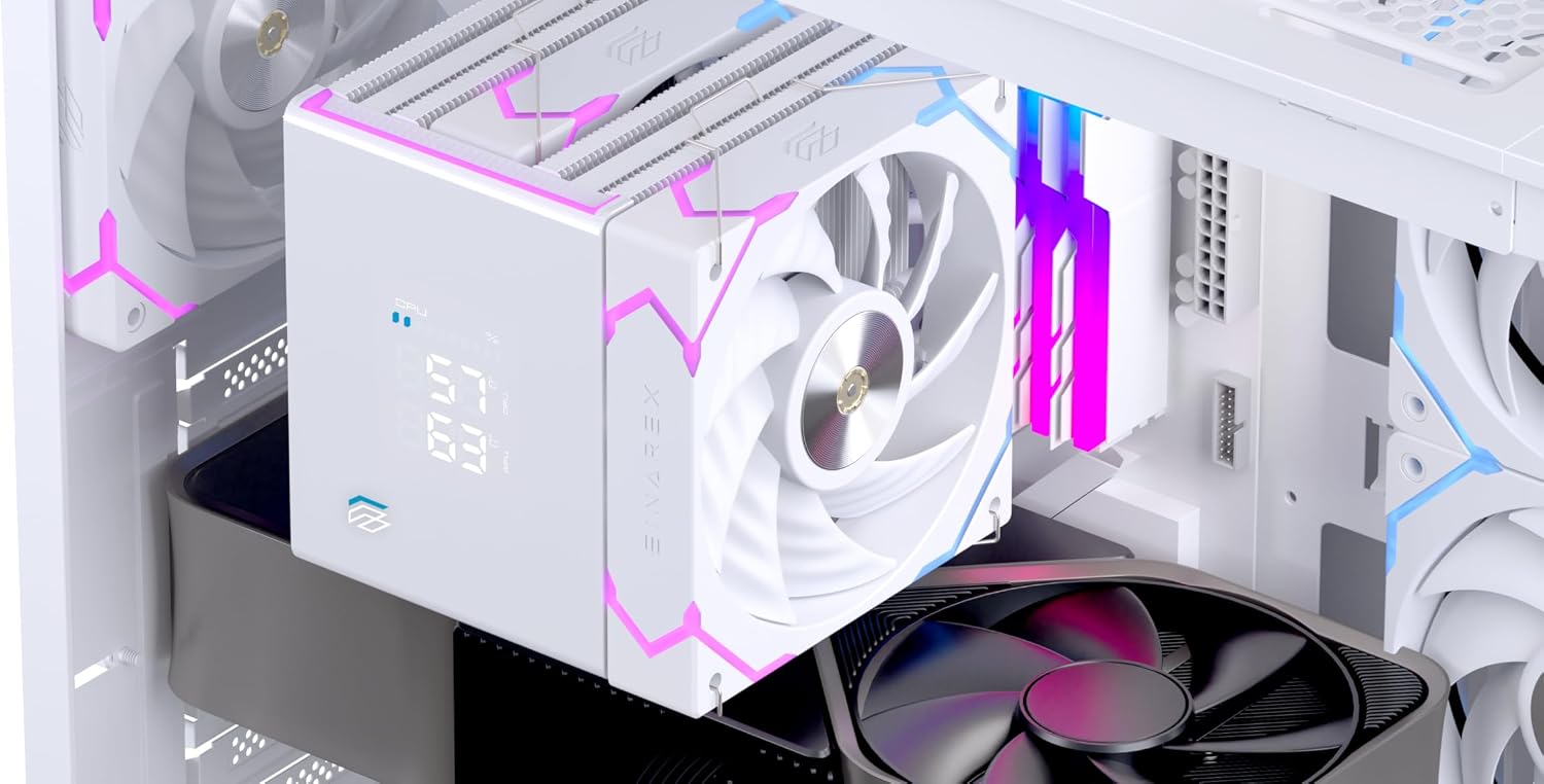 Einarex Gaming Cooling CPU, 6 Copper Heat Pipes, Dual Fans Design, Integrated Display, GLIDE G300 White