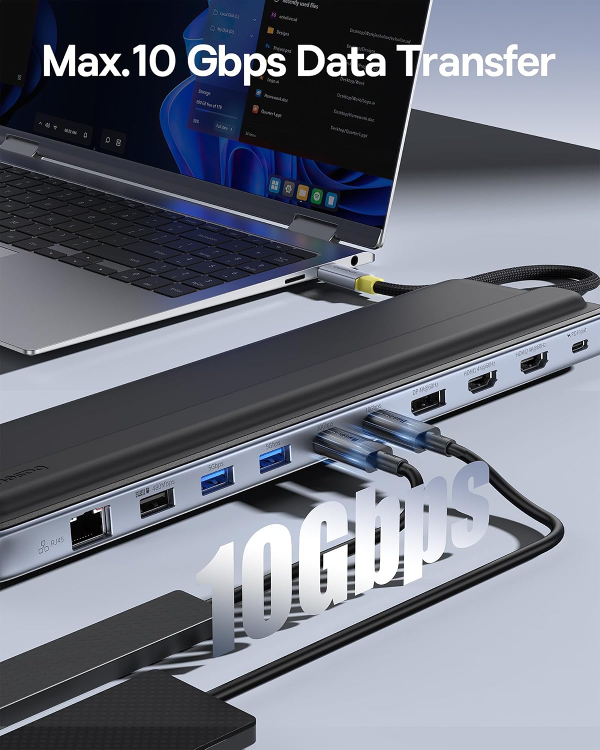 Baseus 12-in-1 Laptop Docking Station 2 x 4K HDMI & 1 x 4K DP – 2x USBC & 3x USB-A – SD Gb Lan PD100W