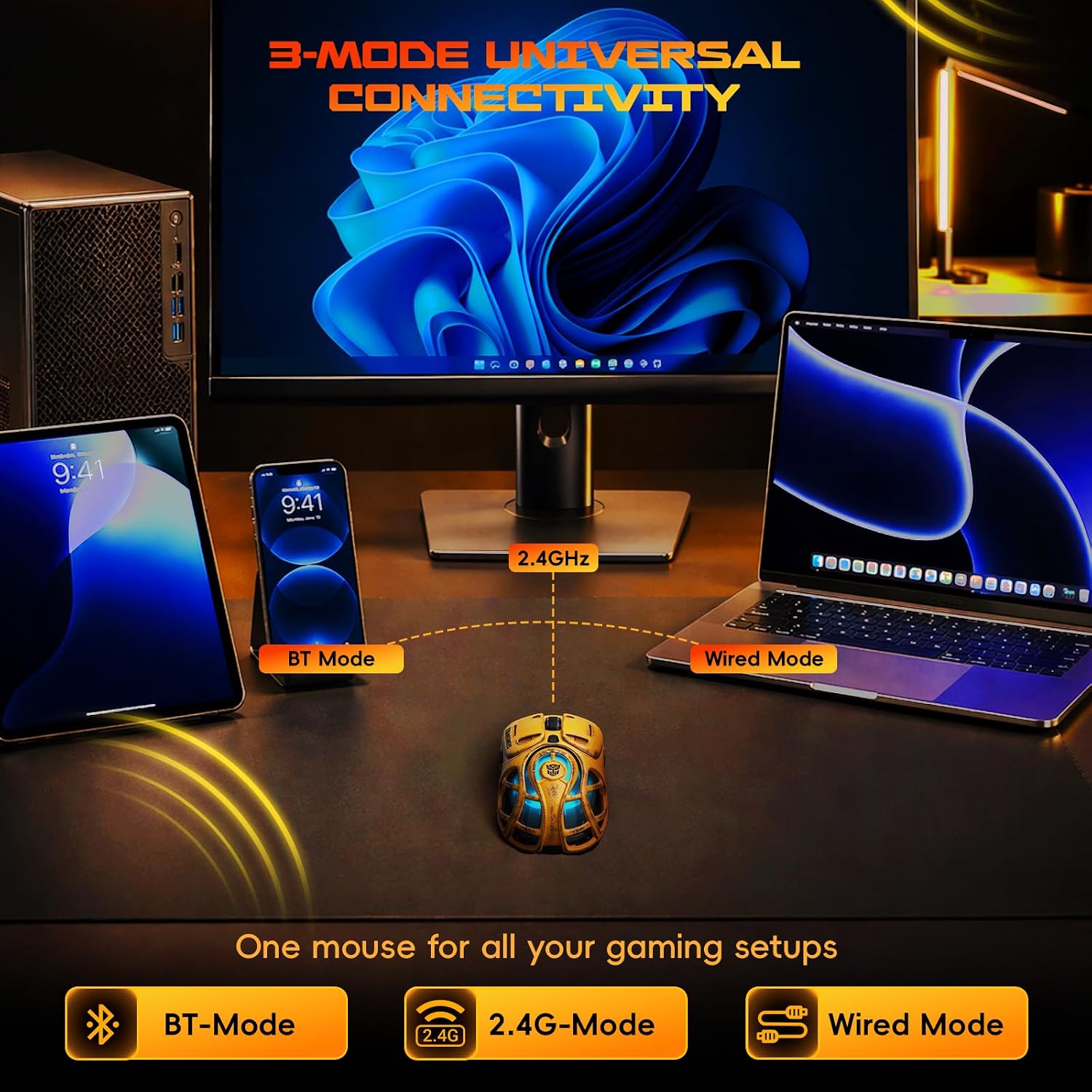 Transformers Gaming Mouse Wireless ,Tri-Mode Bluetooth/2.4G/Wired, Huano Switches,USB-C Rechargeable, TF-G05 Black