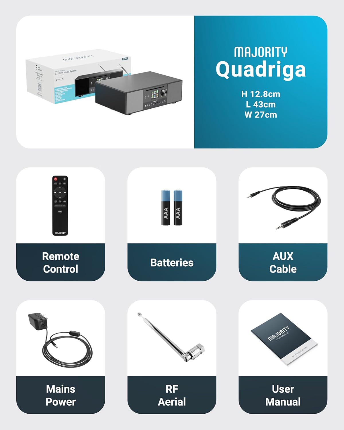 Majority QUADRIGA 2.1 Mini HiFi 120W with 6” Subwoofer, CD Player, Internet Radio, Bluetooth, USB & Optical Input