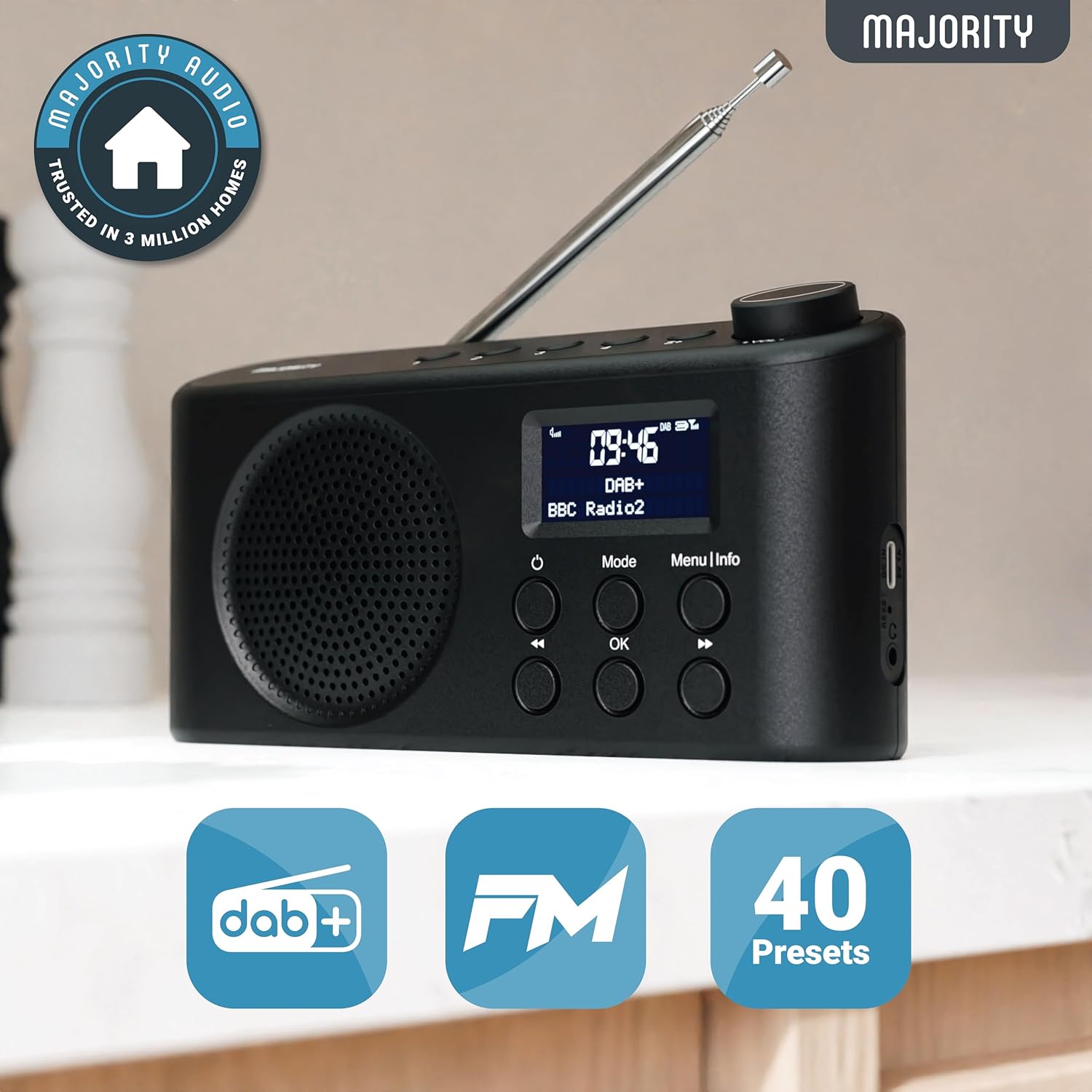 Majority ORWELL 2026 Portable FM/DAB Radio with Display & Bluetooth USB-C Rechargeable