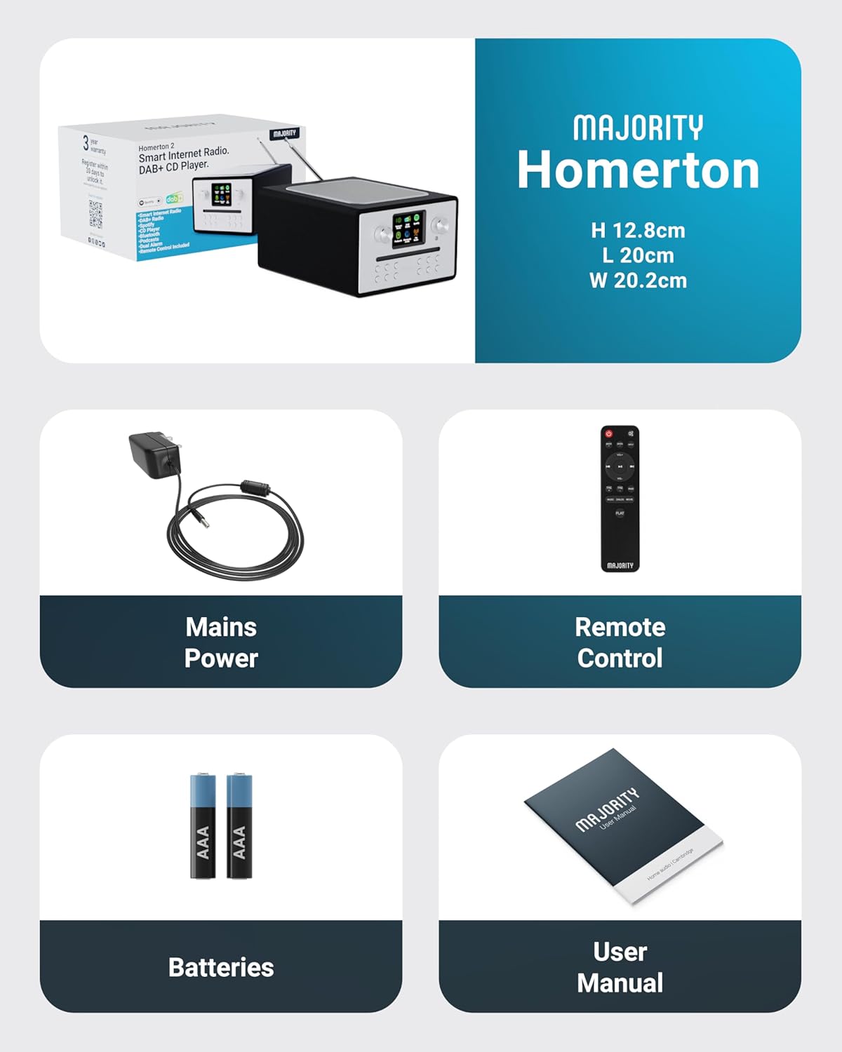 Majority Homerton 2 Black FM Radio System with CD Player, BT, Spotify & USB
