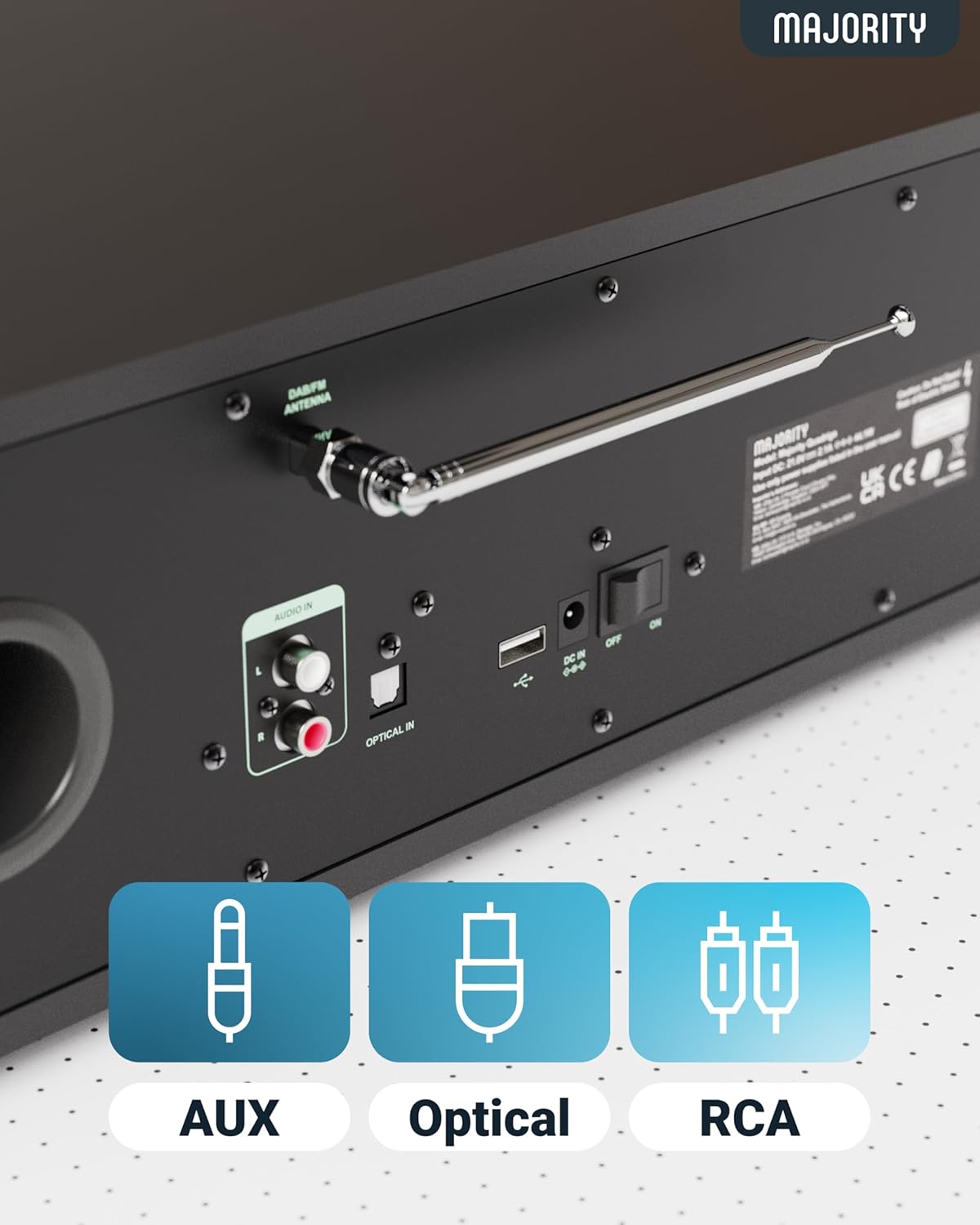 Majority QUADRIGA 2.1 Mini HiFi 120W with 6” Subwoofer, CD Player, Internet Radio, Bluetooth, USB & Optical Input
