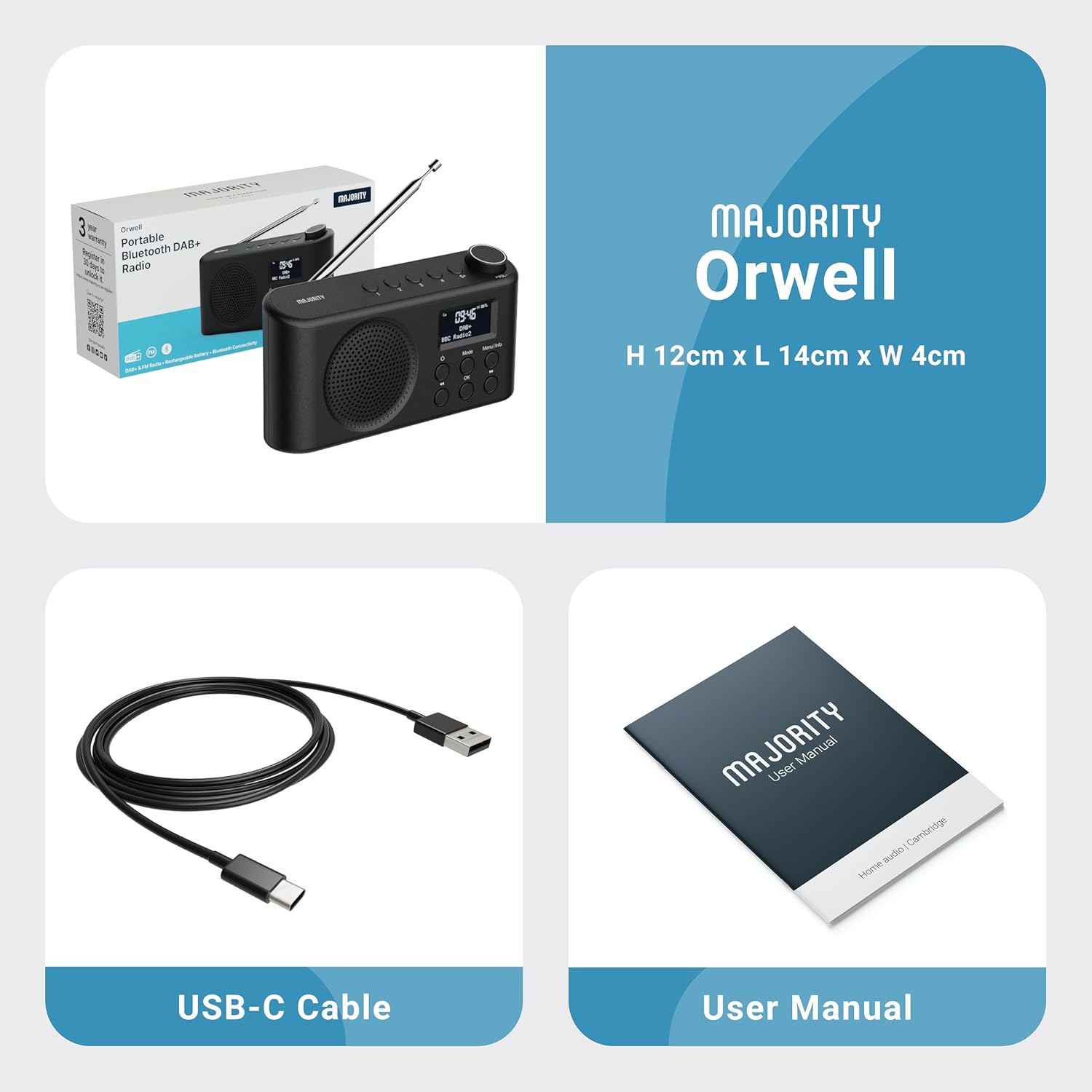 Majority ORWELL 2026 Portable FM/DAB Radio with Display & Bluetooth USB-C Rechargeable