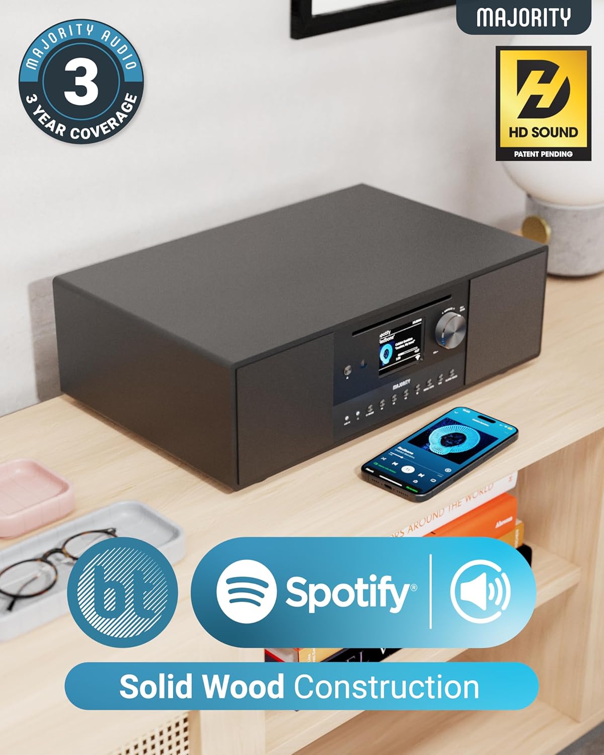 Majority QUADRIGA 2.1 Mini HiFi 120W with 6” Subwoofer, CD Player, Internet Radio, Bluetooth, USB & Optical Input