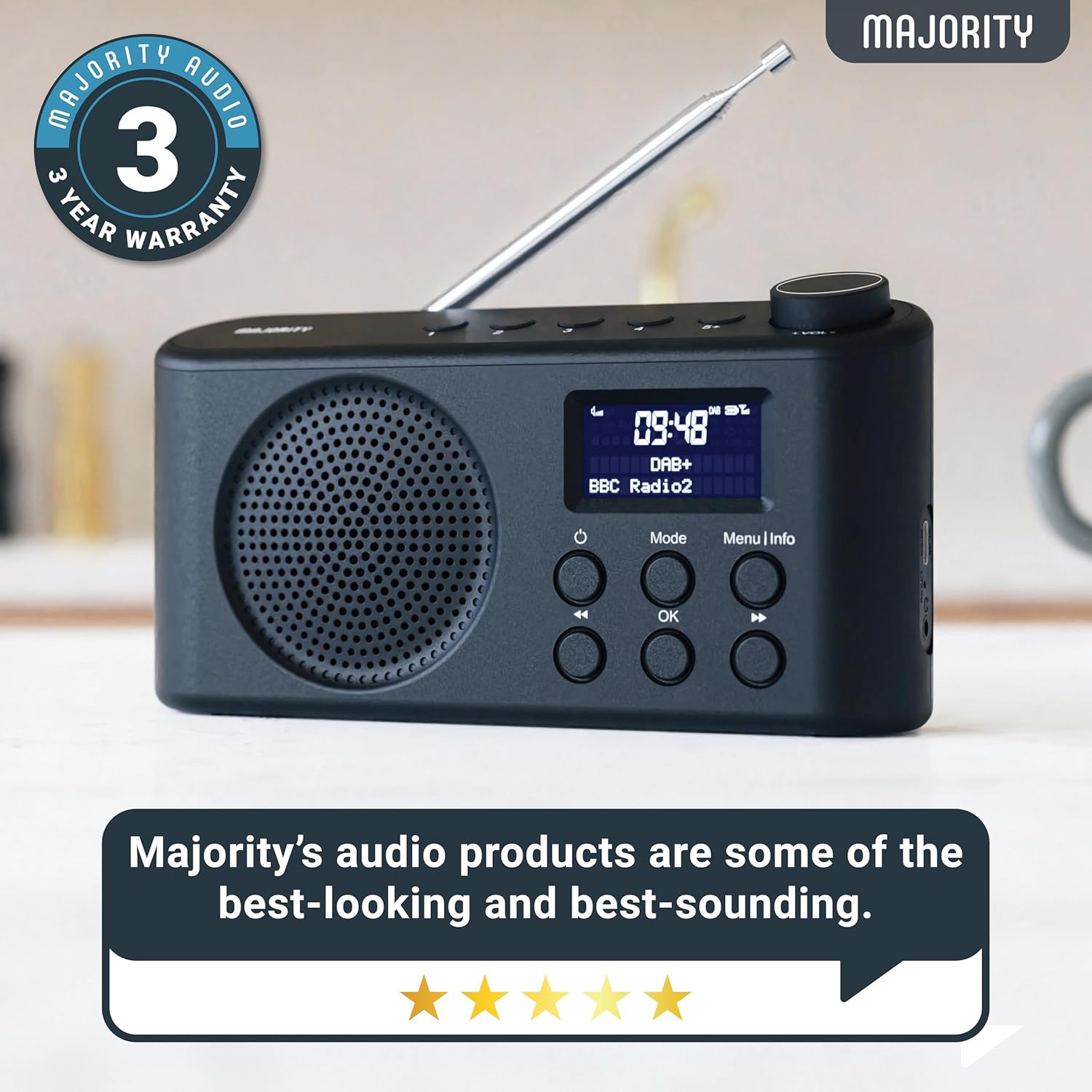 Majority ORWELL 2026 Portable FM/DAB Radio with Display & Bluetooth USB-C Rechargeable
