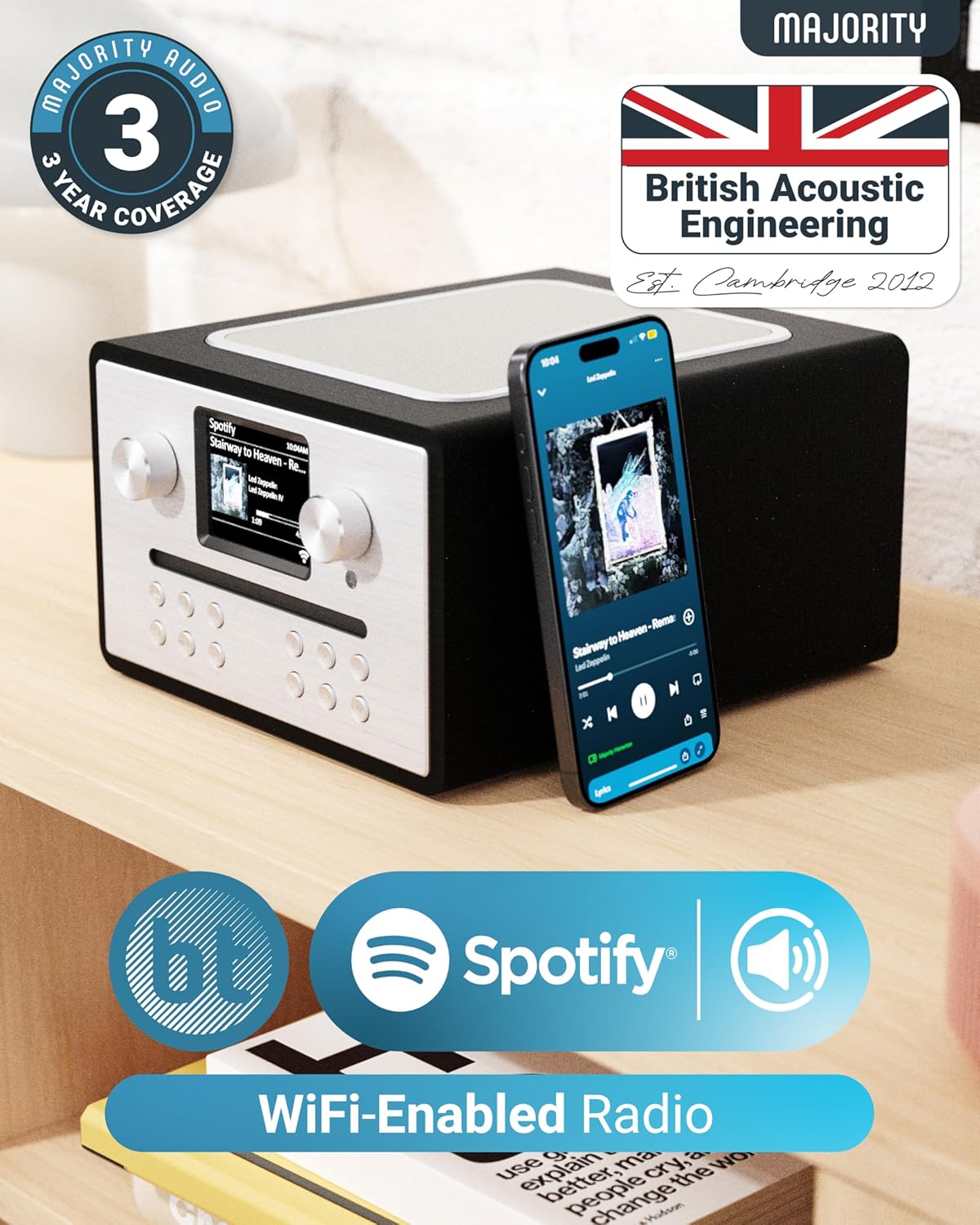 Majority Homerton 2 Black FM Radio System with CD Player, BT, Spotify & USB