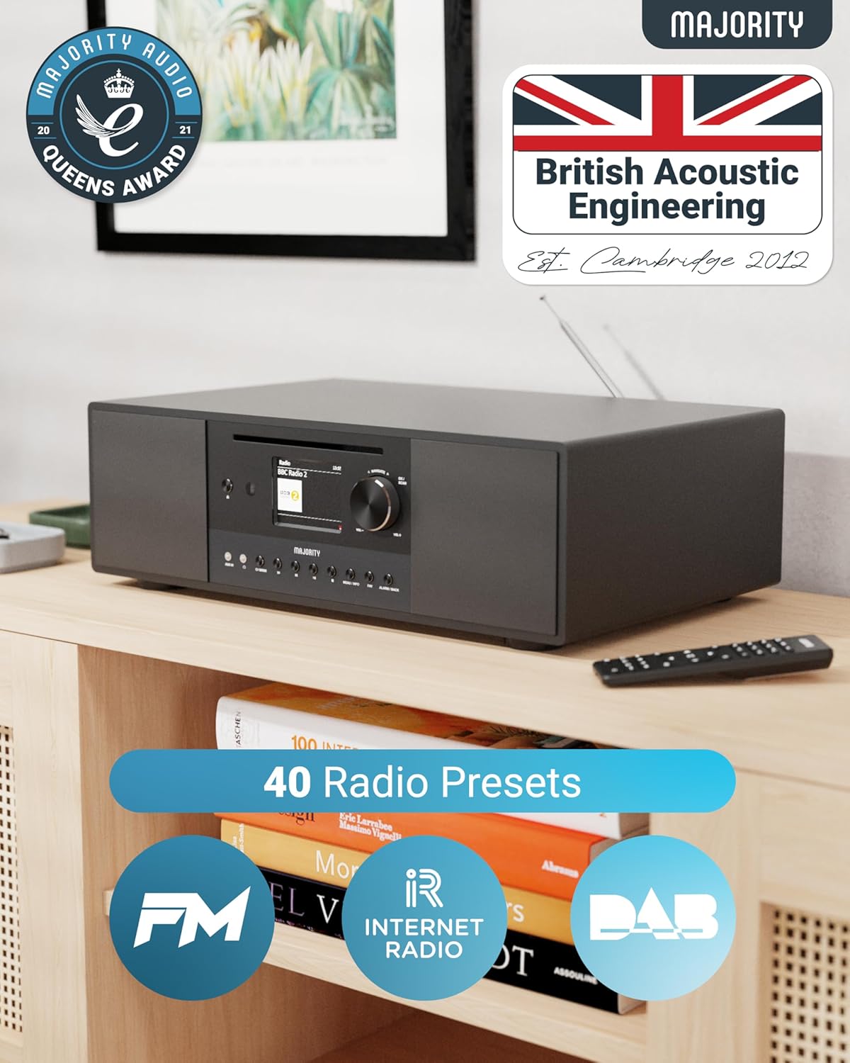 Majority QUADRIGA 2.1 Mini HiFi 120W with 6” Subwoofer, CD Player, Internet Radio, Bluetooth, USB & Optical Input