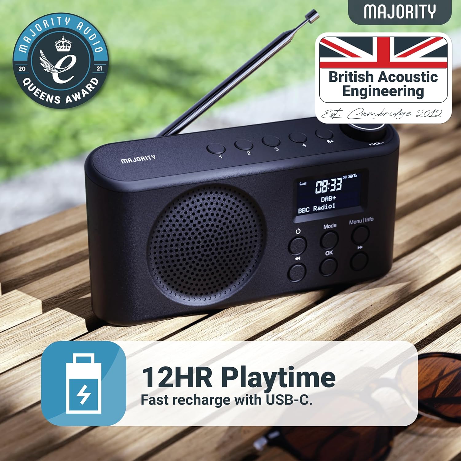 Majority ORWELL 2026 Portable FM/DAB Radio with Display & Bluetooth USB-C Rechargeable