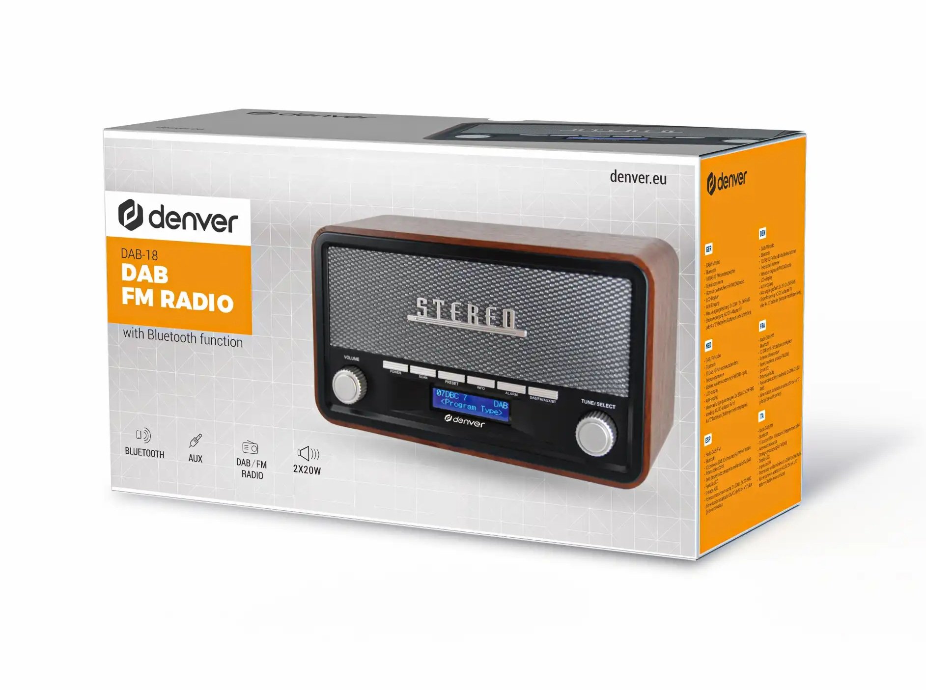 Denver DAB-18 FM Radio with Bluetooth, Alarm, Aux In (Works by Mains or 4xC Batteries)
