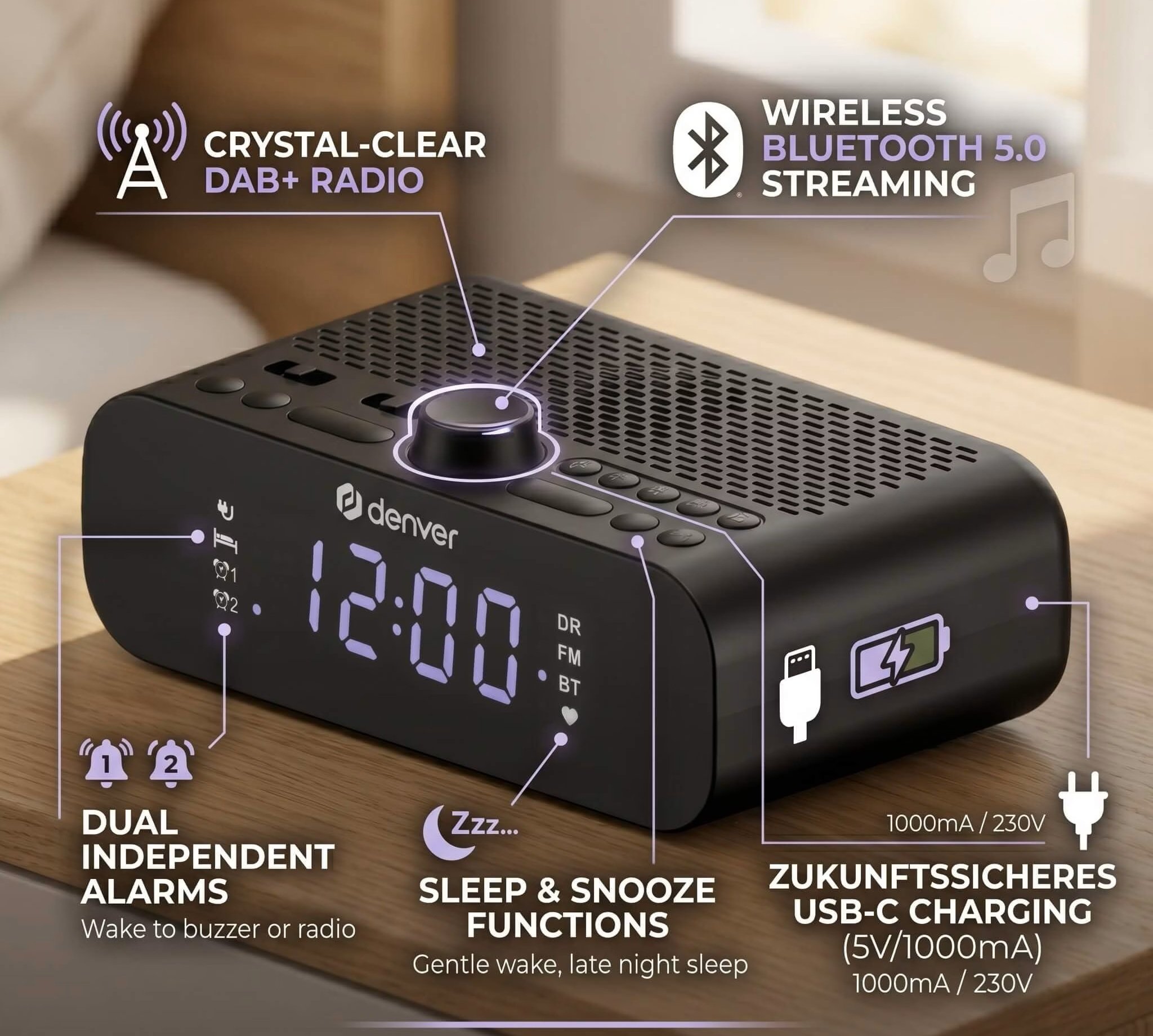 Denver CRD-515 Alarm Clock with FM Radio, Bluetooth & Phone Charging