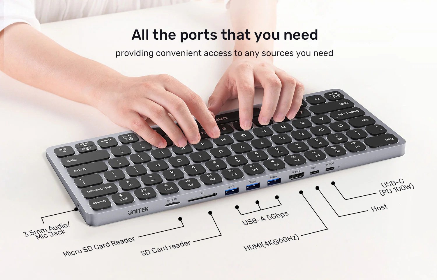 Unitek 9in1 Keyboard & USB-C 3.0 Hub 4x USB Ports HDMI 4K60Hz Card Reader & 100W PD D1092A