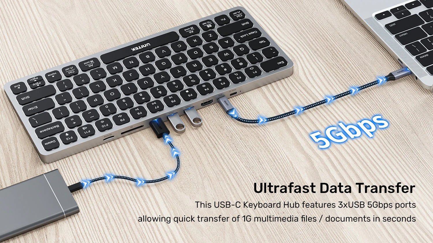 Unitek 9in1 Keyboard & USB-C 3.0 Hub 4x USB Ports HDMI 4K60Hz Card Reader & 100W PD D1092A
