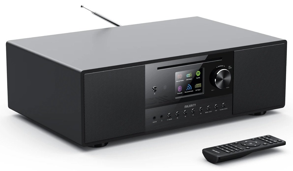 Majority QUADRIGA 2.1 Mini HiFi 120W with 6” Subwoofer, CD Player, Internet Radio, Bluetooth, USB & Optical Input
