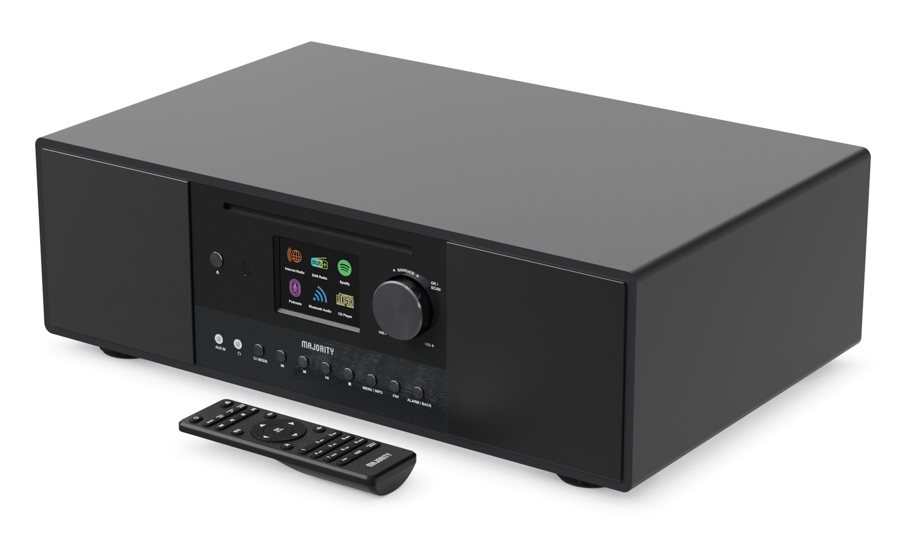 Majority QUADRIGA 2.1 Mini HiFi 120W with 6” Subwoofer, CD Player, Internet Radio, Bluetooth, USB & Optical Input